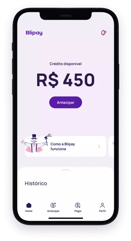 Tela inicial do app da blipay
